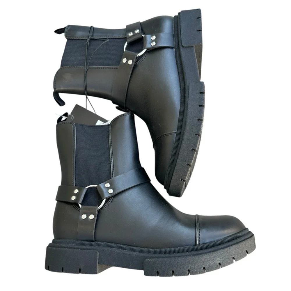 Art Class Kids' Crosby Harness Moto Boots Black Zipper Pull Tab